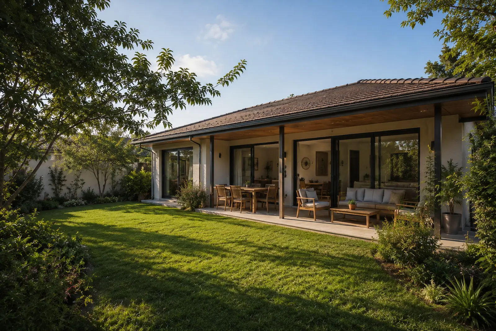 Casa de un piso con jardín